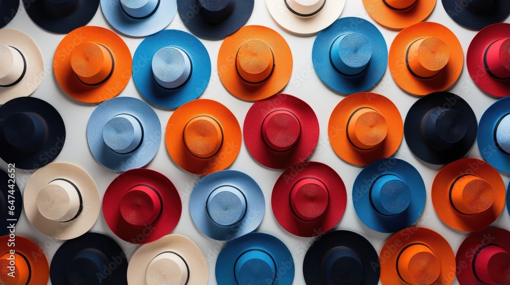 An image of colorful and stylish hats arranged in a pattern. An image of colorful and stylish hats arranged in a pattern.