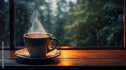 A steaming cup of coffee stands on the windowsill.