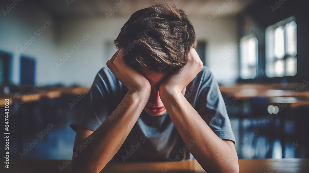 Bullying at high school concept. Upset bullied teen boy suffering sitting against the blurred classroom. Hands holding his head, hiding his face and crying.  - obrazy, fototapety, plakaty 