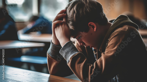 Bullying at high school concept. Upset bullied teen boy suffering sitting against the blurred classroom. Hands holding his head, hiding his face and crying.  photo