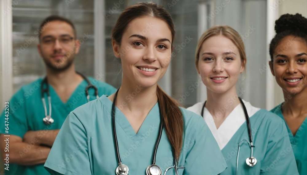 Fototapeta premium Nursing student in hospital - young intern dressed in scrubs, standing with team, doctor training