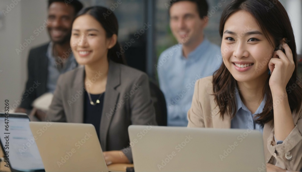 Asian office girl with a radiant smile working on her laptop computer, immersed in work in an office setting Asian office girl with a radiant smile working on her laptop computer, immersed in work in an office setting