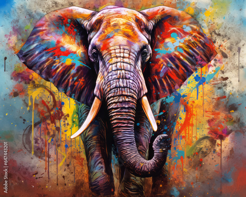 Elephant in multi-colored paints on a colored background, watercolor. Generative AI. 