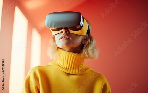 Girl in virtual reality glasses. neon light metaverse. virtual world. journey in the digital world. © AndErsoN