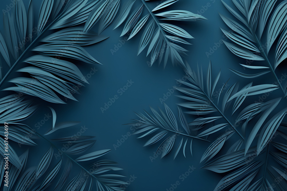 Blue Palm Leaves on Blue Background