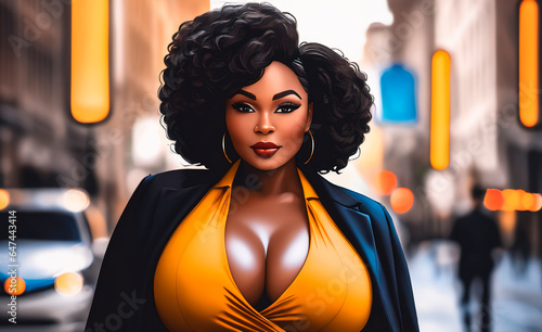 A curvy overweight African American woman poses on a city street.