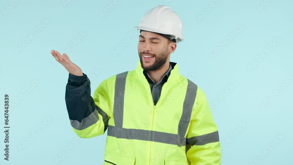 Architect, construction worker and man palm gesture of engineering design comparison, plan or product placement. Logistics portrait, studio and engineer choose, balance or decision on blue background Architect, construction worker and man palm gesture of engineering design comparison, plan or product placement. Logistics portrait, studio and engineer choose, balance or decision on blue background