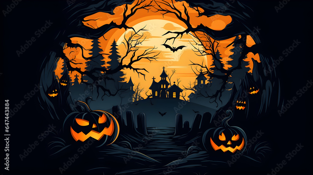 Halloween night background with pumpkins and castle - generative AI