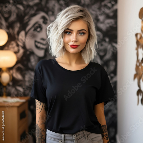 Inked Halloween Vixen Beautiful Edgy Platinum Blonde Woman Black T-Shirt Mockup  photo