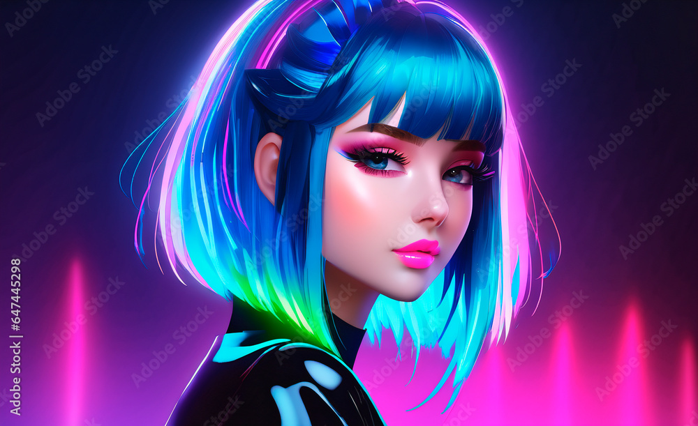 beautiful girl with blue hair and colorful neon lights