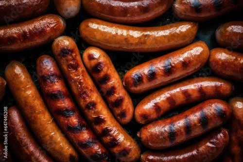Grilled sausages, flat lay background