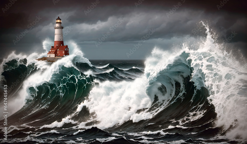 Lighthouse in the sea with big waves.