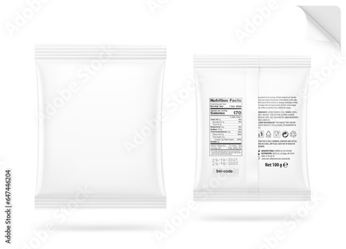 Realistic clear pillow bag mockup. Front and rear views with text sample. Vector illustration isolated on white background. Perfect to create your final pack shot. EPS10.	
