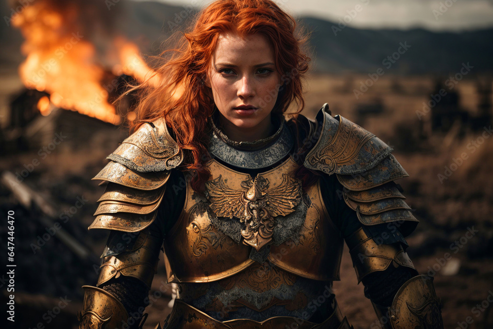 Obraz premium Fantasy Warrior, Fierce Redhead in the Midst of a Fiery Clash
