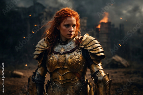Fantasy Warrior, Scarlet-Haired Warrior Beauty in Battle's Heat