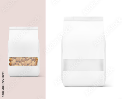 Flat bottom bag with clear window mockup with sample. Vector illustration isolated on white background. Your product is visible through the window. Perfect for the presentation of your product. EPS
