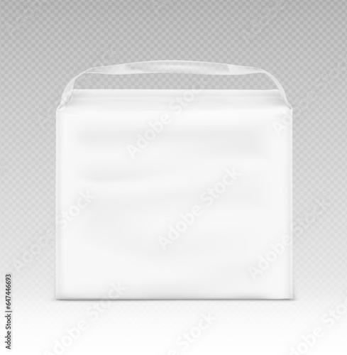 Realistic stand bag with handle mockup. Front view. Vector illustration. Perfect for presentation diapers, pants, nappies, tissue, wipes, food etc. EPS10.	