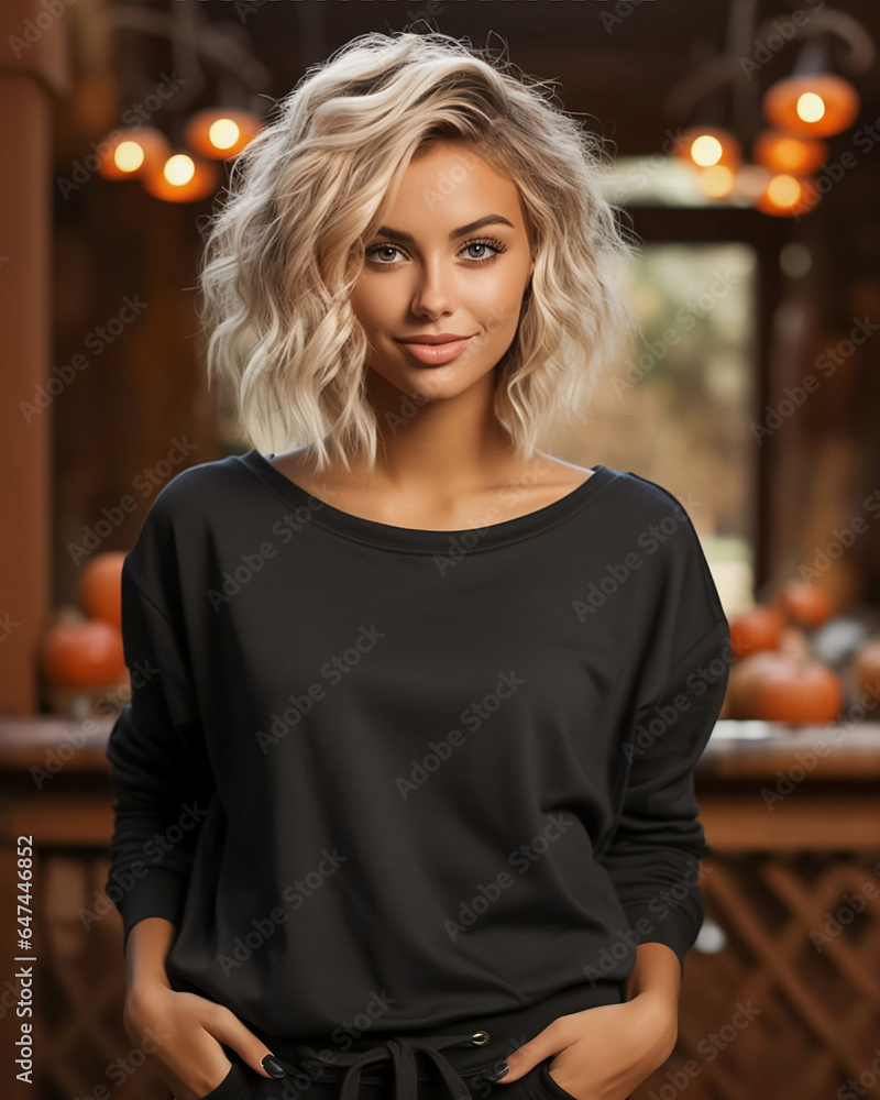 Beautiful Woman Posing Wearing a Black Shirt Mockup in a Halloween Fall Rustic Home with Pumpkins 