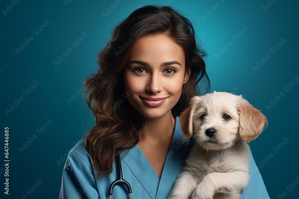 Woman veterinarian with cute puppy. Portrait with selective focus and copy space Woman veterinarian with cute puppy. Portrait with selective focus and copy space