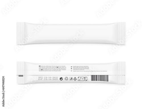 Blank stick package bag mockups. Front and back view. Vector illustration isolated on white background. Can be use for food, medicine, cosmetic and etc. EPS10.
