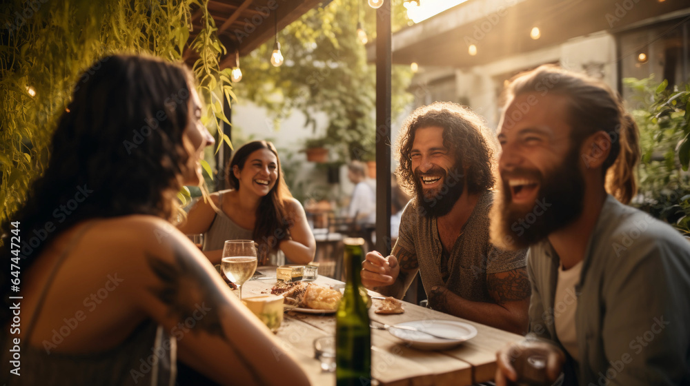 Happy friends in an restaurant at golden hour. Friendship of adults.