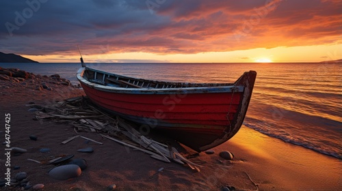 Capsized boat on a desolate beach at sunset.