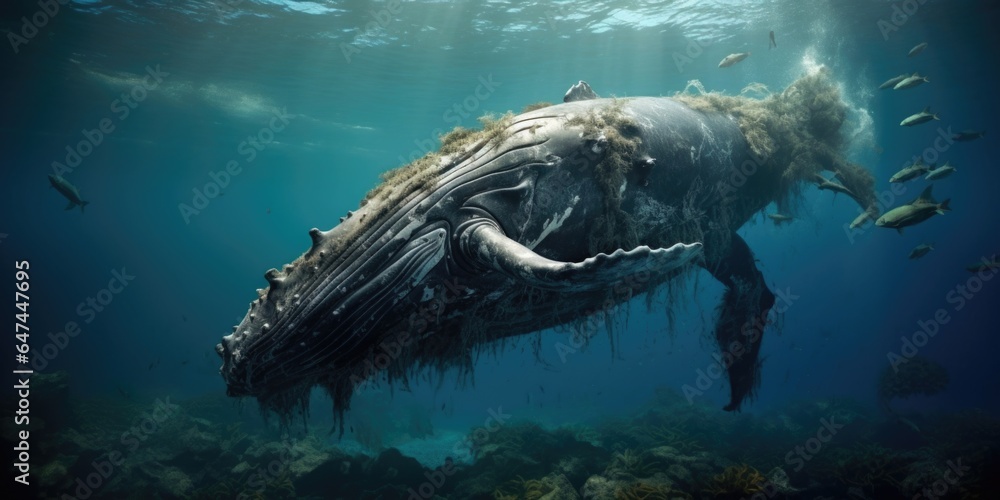 Obraz premium Underwater view of a whale falling to the seabed after it dies. When this happens, it transfers a huge amount of carbon to the ocean depths.