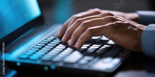 A close up of a mans fingers typing on a keyboard, reflecting the electronic trading of carbon credits.