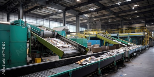 Recycling manufacturing facility with conveyor belts filled with different kinds of waste materials, being sorted for conversion into reusables.