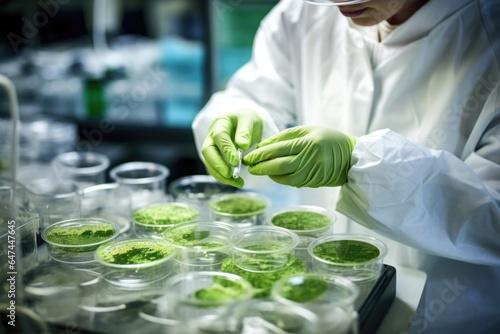 A scientist in a lab coat and protective gloves, holding an algae sample inside a petri dish, presumably researching on algae biofuel.