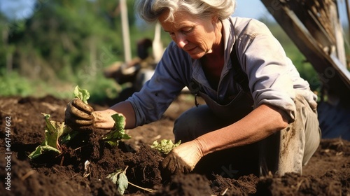 A farmer adding compost to soil, with the organic matter rich in carbon, to enrich her vegetable garden.