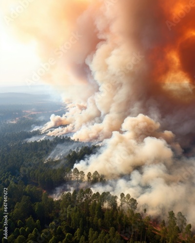 A panoramic view of petering smoke rising from a forest fire, amplifying the severity of carbon emission into the atmosphere.
