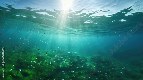 A wideangle view of the open ocean on a cloudy day, teeming with various species of phytoplankton that contribute to the carbon cycle by photosynthesizing.