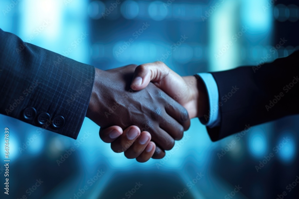 Closeup shot of the hands of two individuals, one representing developed countries and one for developing nations, coming together to shake hands over a carbon reduction agreement, illuminating Closeup shot of the hands of two individuals, one representing developed countries and one for developing nations, coming together to shake hands over a carbon reduction agreement, illuminating