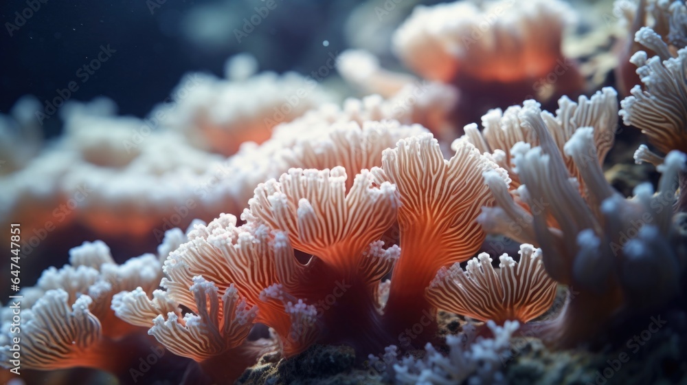 Closeup of coral polyps on a reef absorbing carbon dioxide and using it to build their skeletons. Closeup of coral polyps on a reef absorbing carbon dioxide and using it to build their skeletons.