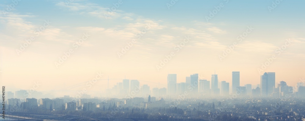 A cityscape drowned in a haze of smog from emissions. - obrazy, fototapety, plakaty 