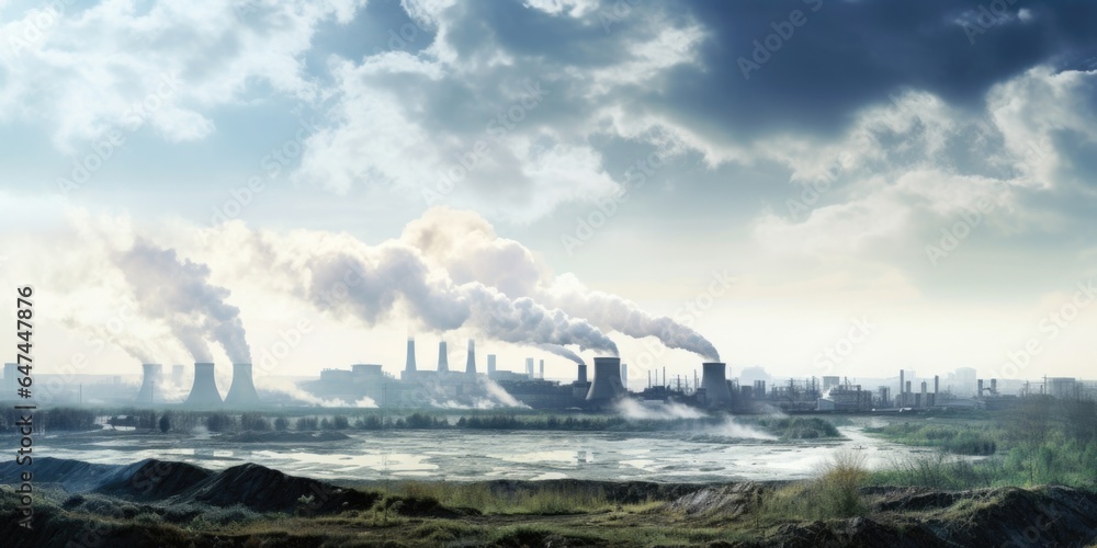 A panorama displaying a power plant with smoking chimneys the epitome of carbon dioxide production.