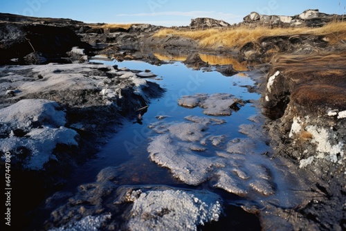 Meler pooling on top of permafrost the surface of the water showing a mirrorlike reflective quality.