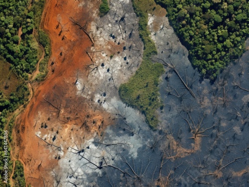 A satellite view of deforestation with swathes of land, indicating the loss of carbon sinks and its effect on global warming and human health.