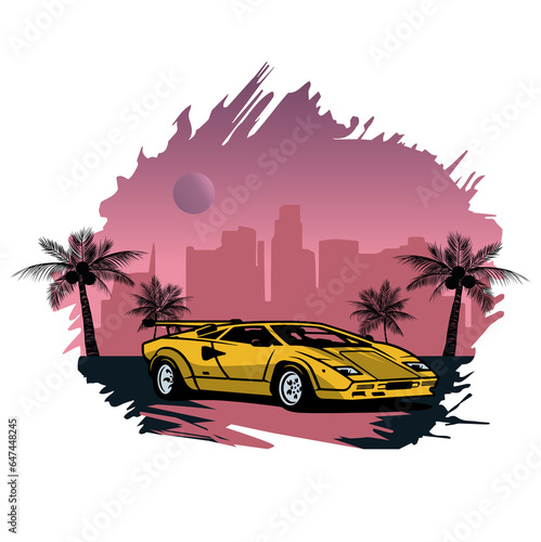 Graphics with a sports car against a retro city background and palm trees against a purple setting sun. photo