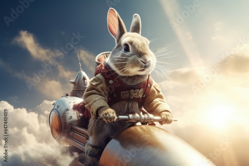 Whimsical Rabbit riding on rocket. Adorable animal. Generate Ai © juliars