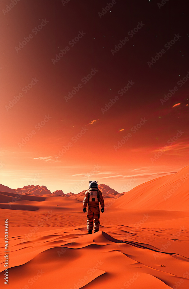 Astronaut walks on the surface of a red planet ai generated