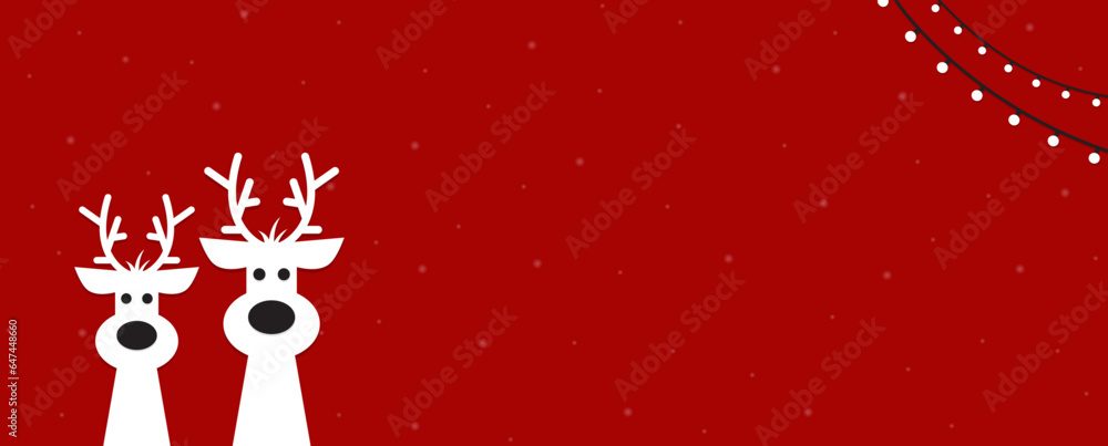 Cute Christmas reindeer on a red background. Christmas background, banner, or card.