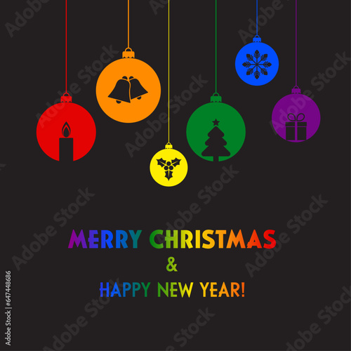 LGBTQ rainbow Christmas ball banner icon vector. Merry Christmas and Happy New Year greeting card with LGBTQ rainbow Christmas bauble on a Black background graphic design element