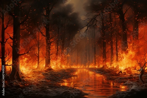 Fearsome Burning forest. Night nature flame. Generate Ai