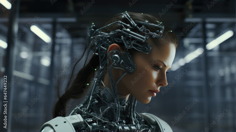 Wires and circuitry can be seen subtly integrated into the cyborgs body, hinting at its advanced internal systems and abilities. Wires and circuitry can be seen subtly integrated into the cyborgs body, hinting at its advanced internal systems and abilities.
