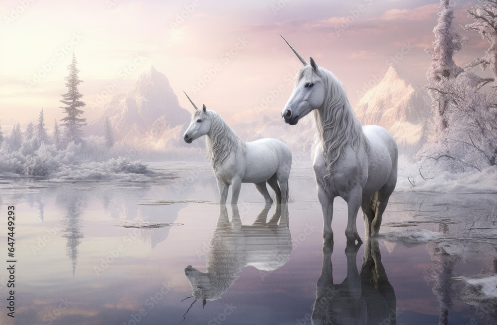 Naklejka premium Two white unicorns in forest lake while its raining ai generated
