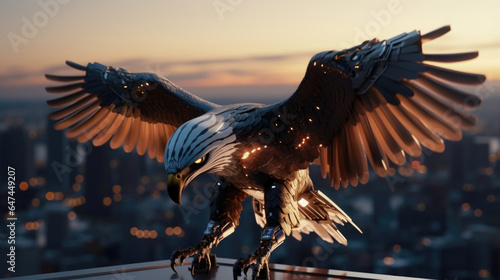 A cybernetic eagle soaring across the skyline, its eyes fitted with advanced telescopic lenses, providing an unprecedented zoom level for surveillance purposes.