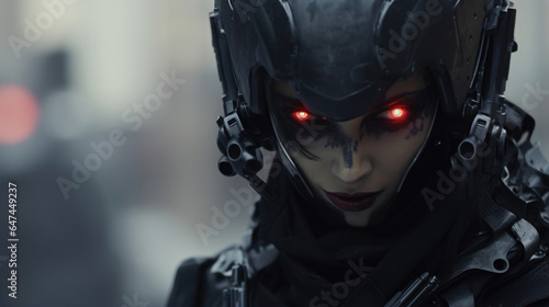 Emblazoned on its armor, a symbol representing anarchy and rebellion signifies the cyborgs role as a rogue operative amidst a dystopian and oppressive society.