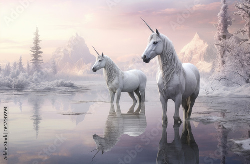 Two white unicorns in forest lake while its raining ai generated